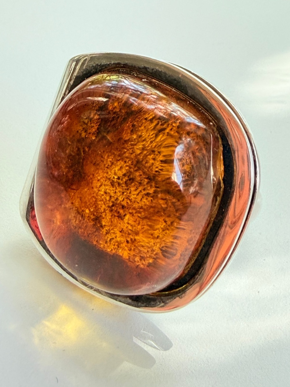Massive Amber Dome Iris Eye Ring Sterling Silver